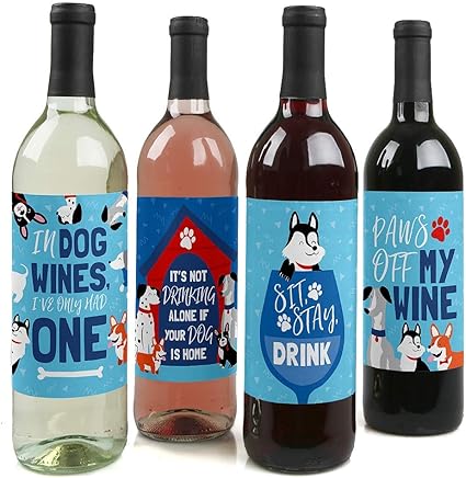 Amazon Pawty Like A Puppy 犬 ベビーシャワーまたは誕生日パーティーデコレーション 女性と男性用 ワインボトルラベルステッカー 4枚セット Big Dot Of Happiness ワイン 酒 バー用品