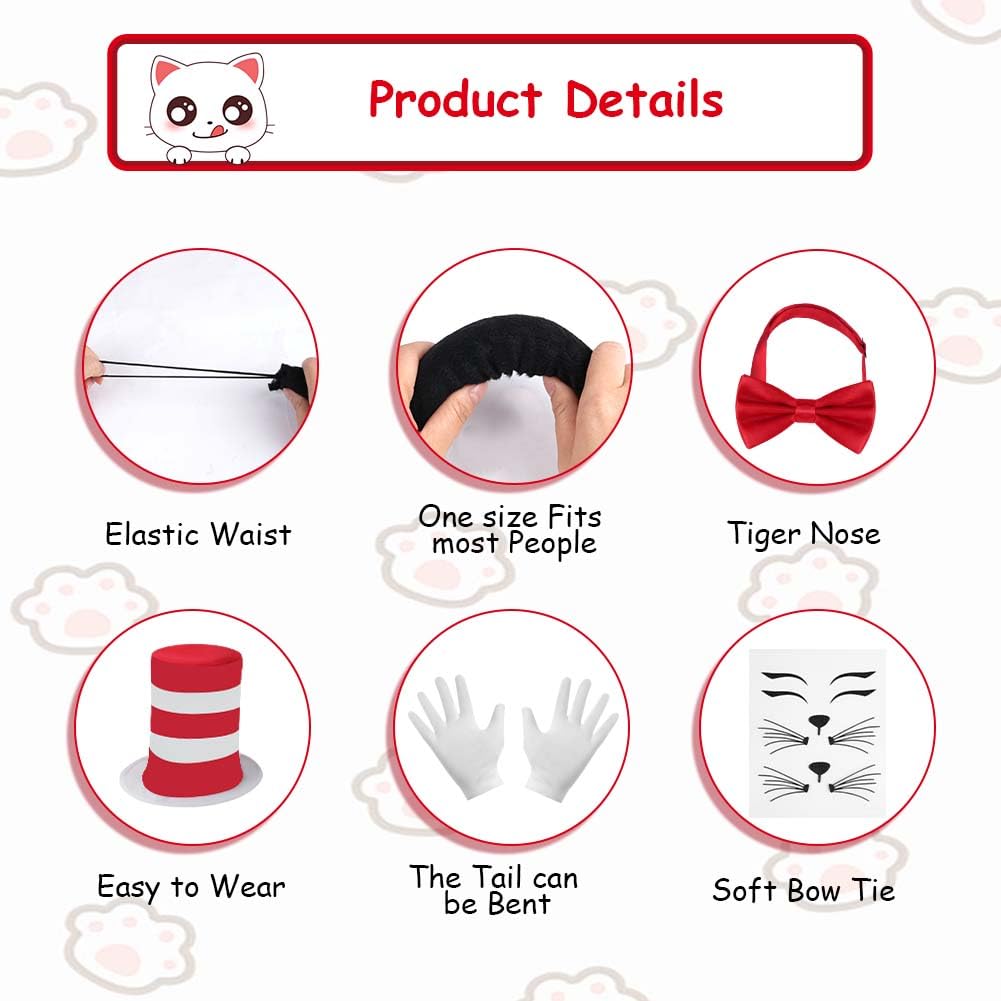 AUYAO Adults Halloween Crazy Cat Fancy Dress Costume, 4 Pcs Set including Striped Red Hat, Red Collar Tie, White Gloves, Tail - Image 3