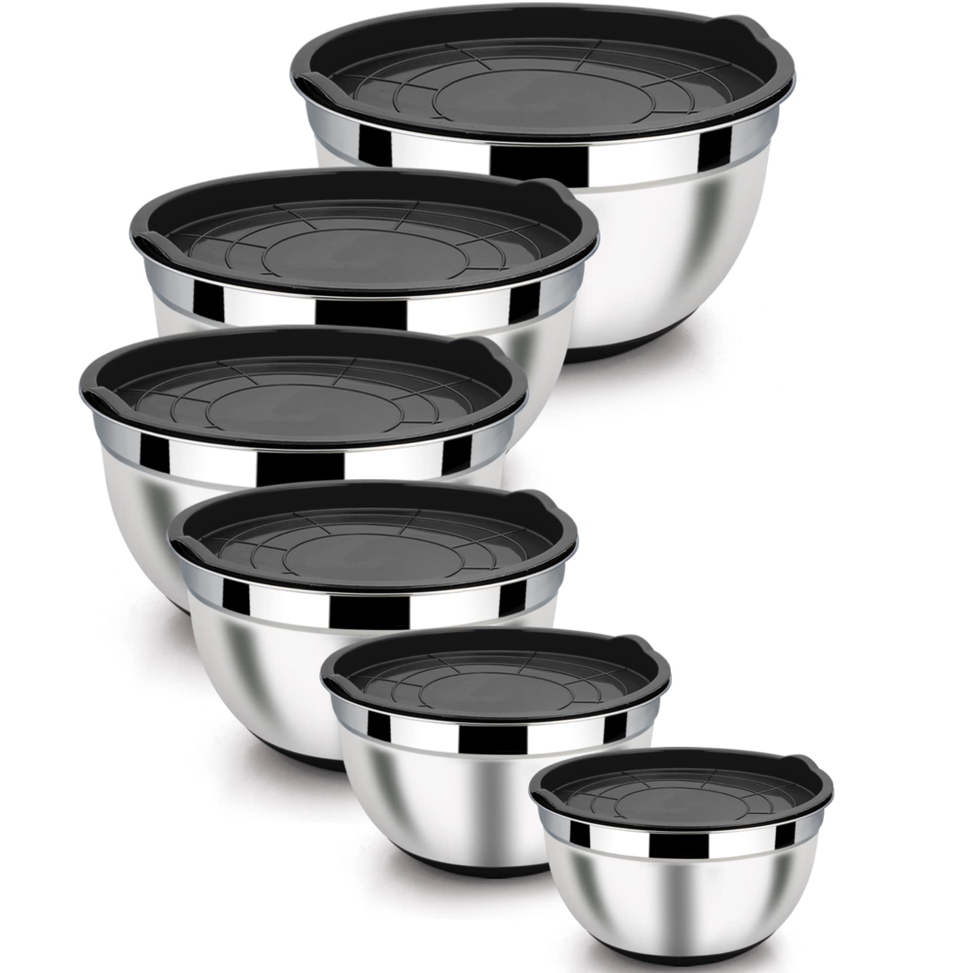LIANYU Mixing Bowls with Airtight Lids Set of 6, Stainless Steel Nesting Mixing Bowl with Non-slip Bottom, Size 7, 3.5, 2.5, 2, 1.5, 1QT, Large Metal Bowls for Cooking, Baking, Food Storage, Black