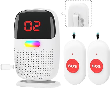 Caregiver Pager System with Digital Display for Elderly Assistance, Fall Prevention, and Nurse Calling,Wearable Wireless Pager for Patient Help at Home1 Call Buttons + 2 Receivers