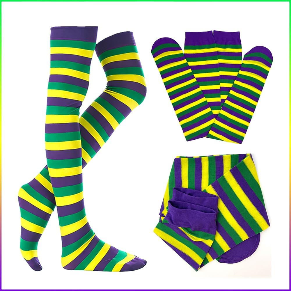 7 Pcs Mardi Gras Costume Accessories for Women Included Headband Masquerade Mask Bead Necklaces Tutu Skirt Striped Long Socks for Halloween Mardi Gras Carnival Party Supplies Multicolor - Image 4