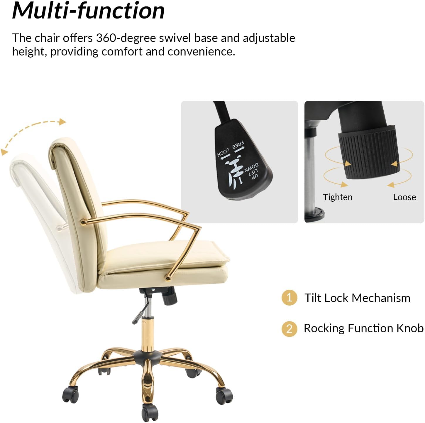 HULALA HOME Faux Leather Office Chair, Modern Adjustable Swivel Rocking Rolling Wheels Computer Desk Chair with Gold Legs and Arms, Upholstered Study Chair (White)
