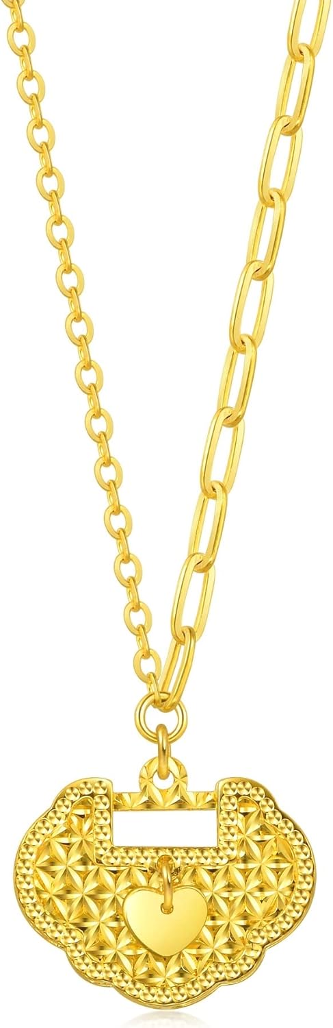 CHOW SANG SANG Dazzling Mirror Gold 999.9 24K Solid Gold Price-by-Weight Gold Ruyi Lock with tiny Heart Necklace for Women 93443N
