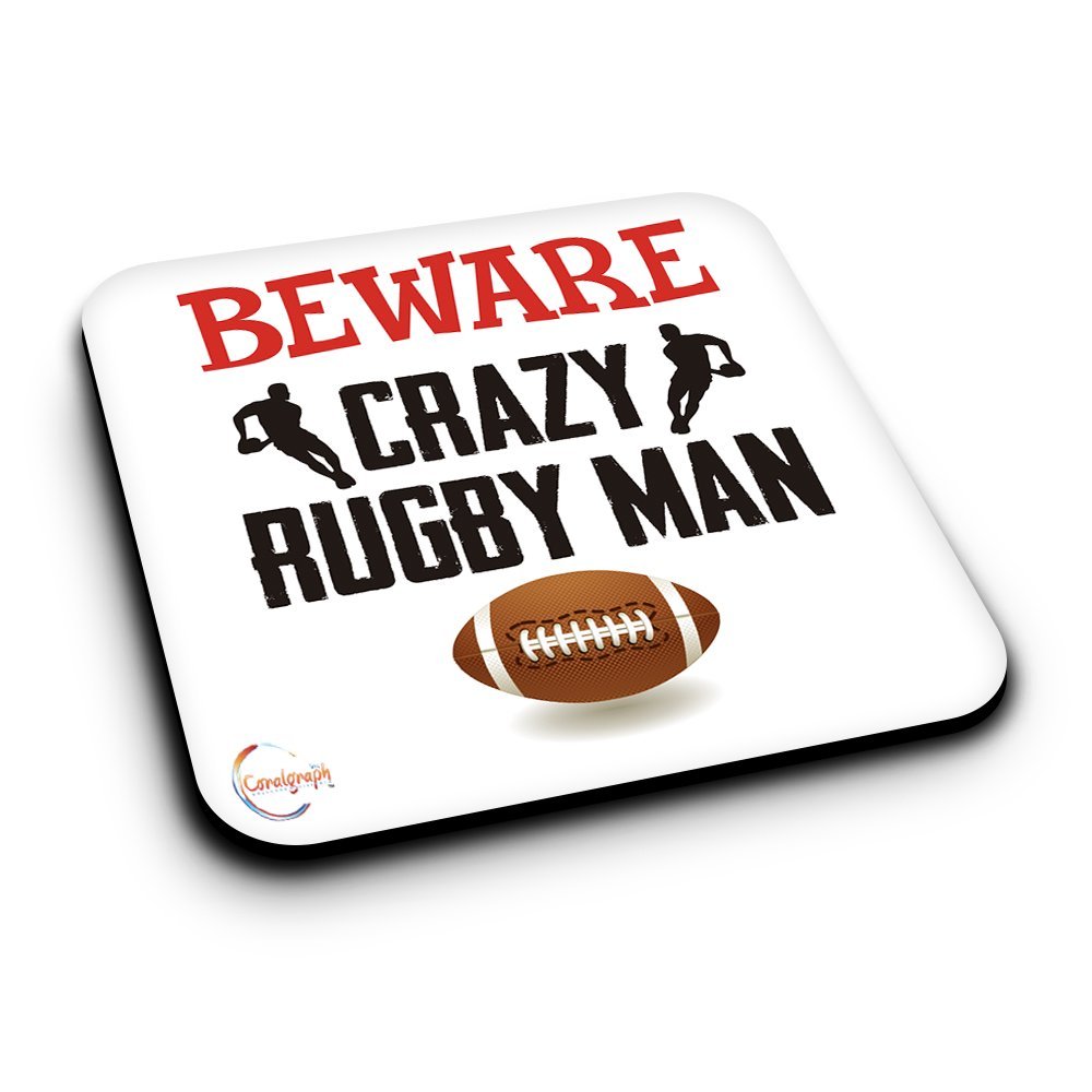 Coralgraph Inc Er425 Beware Crazy Rugby Man Novelty Present Gift Printed Mdf Wooden Coaster