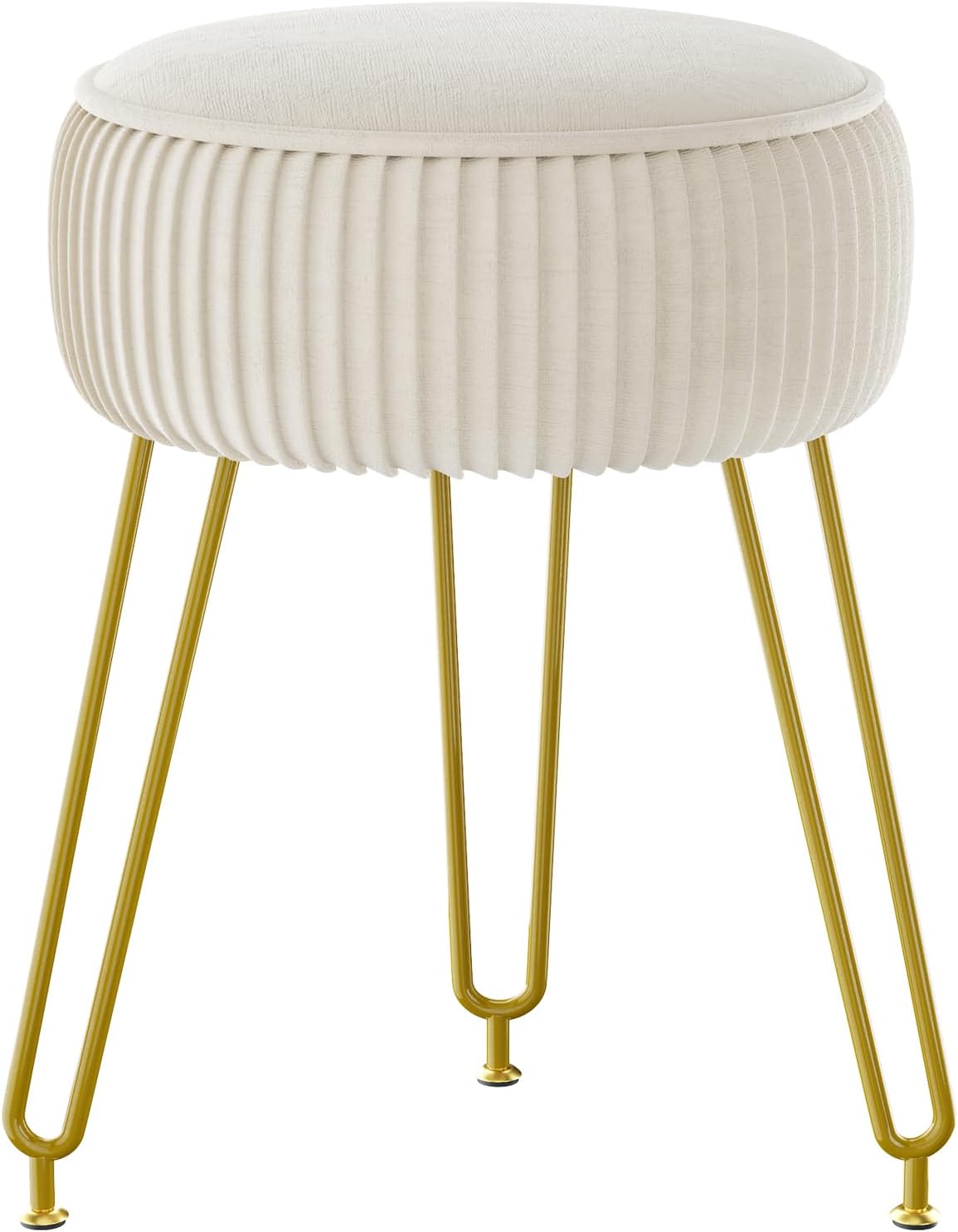 Velvet Round Footrest Stool Ottoman, Makeup Vanity Stool Side Table, Velvet Dressing Table Seat, Pouf Couch Stool, Golden Steel Legs, Creamy-White LG-30M