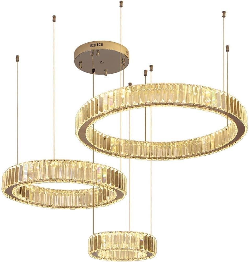 BLOOHK Modern 3-Ring LED Crystal Chandelier, Dimmable Chrome Circular Pendant Light Elegant Adjustable Hanging Ceiling Lighting Fixture for Living Room, Foyer Entryway(30+50+70cm)