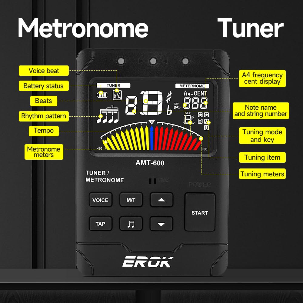EROK Metrónomo y sintonizador digital recargable, todo en uno con salida de auriculares estéreo, contador de voz, apto para guitarra, bajo, violín, instrumentos de cuerda (negro)