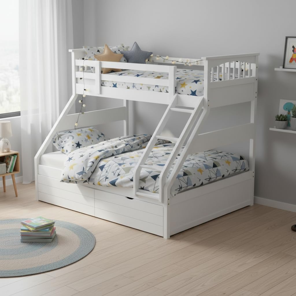 APRODZ Haven Queen Size Solid Wood Bunk Bed with 2 Drawer Storage | Wooden Twin Over Bed with Ladder for Kids’ Room Bedroom Living Room Home (White)-image-26