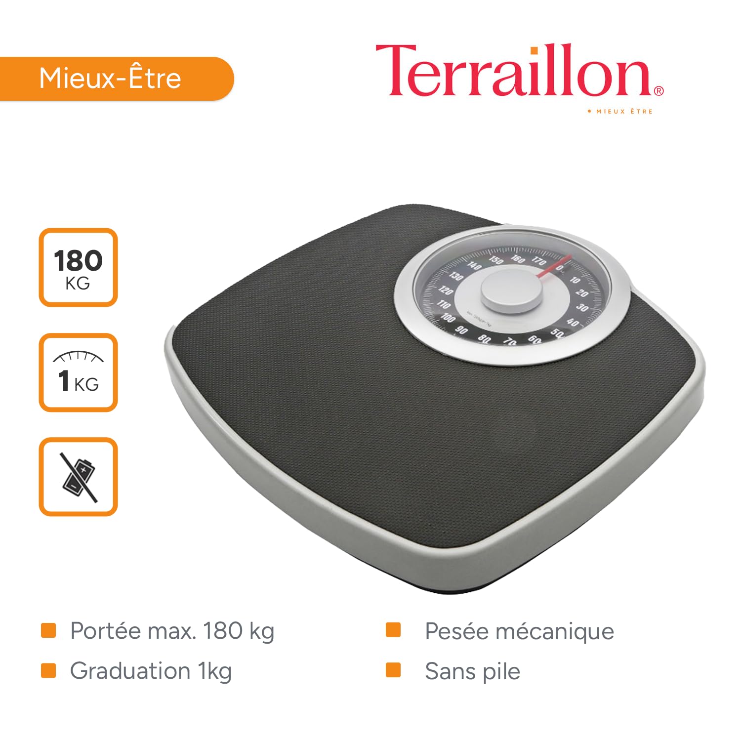 TERRAILLON NEO T Pèse personne mécanique 180 kg Graduation 1 kg Noir Argent