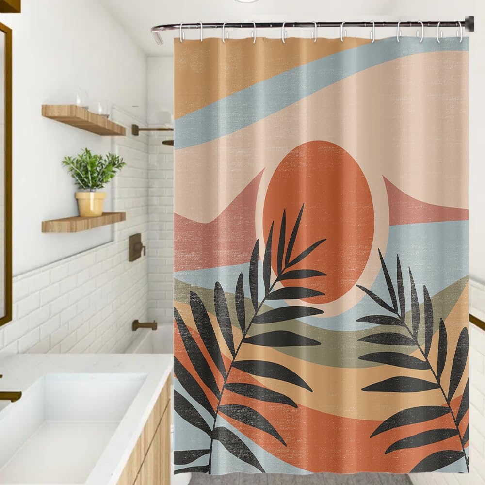 Boho Mid Century Shower Curtain 72x72 Inch Sage Leaf Tropical Neutral Terracotta Aesthetic Minimalist Bathroom Decor Set Fabric Waterproof Polyester Accessories with Hooks