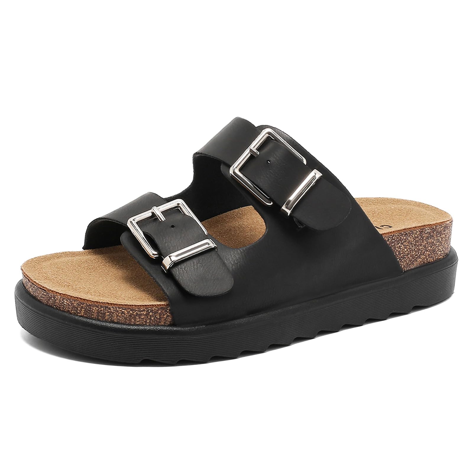 Foinledr Pantoletten Damen mit Kork-Fußbett Bequeme Lässige Sandalen, Schlappen für Sommer mit Einstellbare Schnalle Rutschfest Hausschuhe mit EVA dicken Sohlen