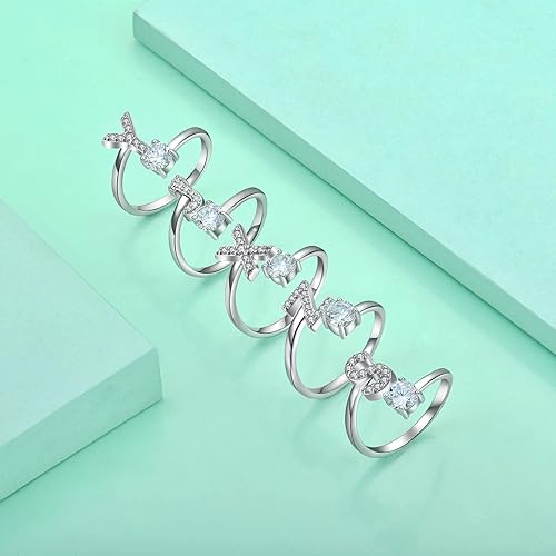 Vista 4 de STARCHENIE Anillo ajustable con inicial para mujer, plata de ley 925, letras A-Z, 26 anillos del alfabeto, talla 7