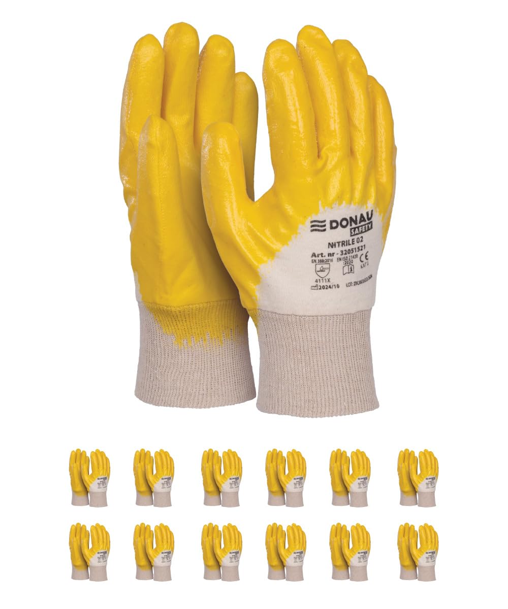 DONAU SAFETY Mens Cotton Knit Work Gloves/Nitrile Coated Protective Gloves/Size 9, 12 Pairs/Yellow White/Assembly Gloves/For Mechanic Work Service Transport & Construction