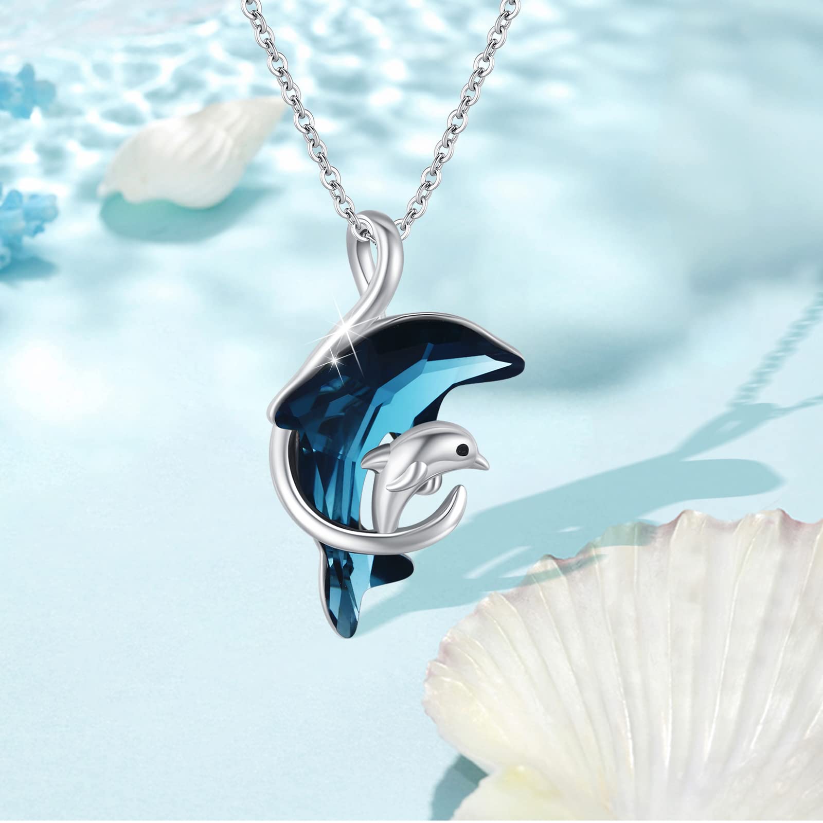 OHAYOO Delphin Kette 925 Sterling Silber Delphin Anhänger Halskette mit Blau Kristall Tier Kette Delphin Schmuck Weihnachten Geschenke für Damen Frauen