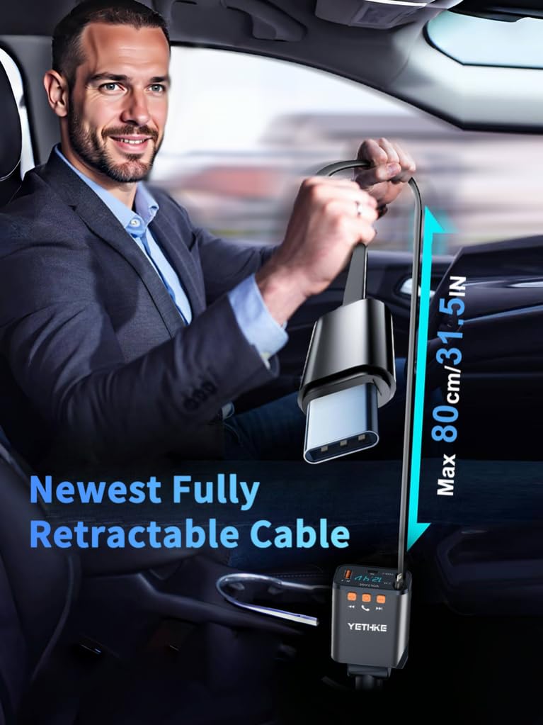 Caricatore retrattile da auto, adattatore trasmettitore FM Bluetooth 5.4, caricabatterie rapido 4 in 1 da 69 W, chiamate in vivavoce, caricatore USB per telefono auto e 2 cavi