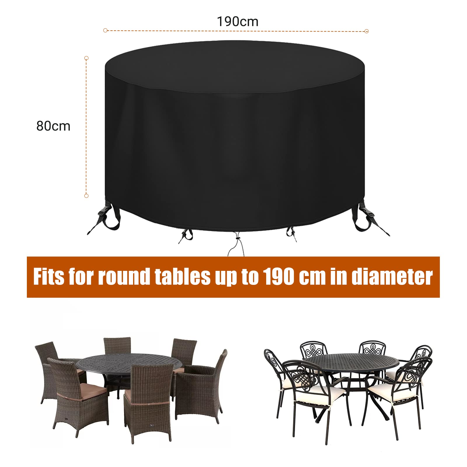 Copertura Per Tavolo Da Giardino Rotondo Flymer Impermeabile - 230x110 Cm, Nero, Tessuto Oxford 210D, Con Cordino Antivento