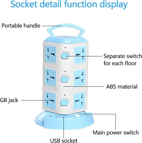 Miniatura 3 de Regleta de alimentación con protector de sobretensiones de torre con 3 puertos USB y 8 enchufes universales, cable de extensión de 6.6 pies,