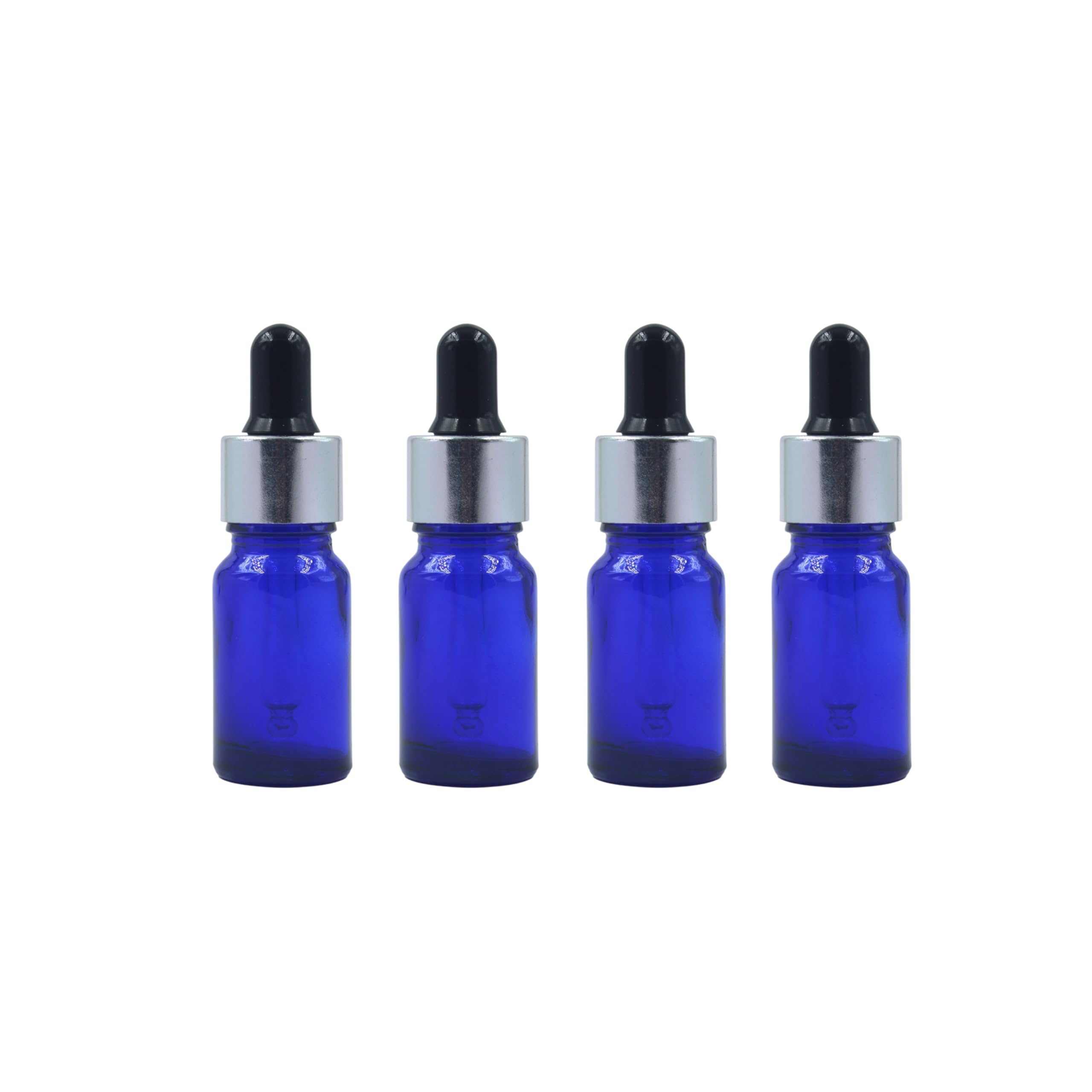 PHARCOS Blue Glass Bottle with Euro Dropper for Essential Oil, DIY Beauty care with Silver ring + Black Silicone Teat, Leak Proof, Reusable, Refillable. 10ML - Pack of 4