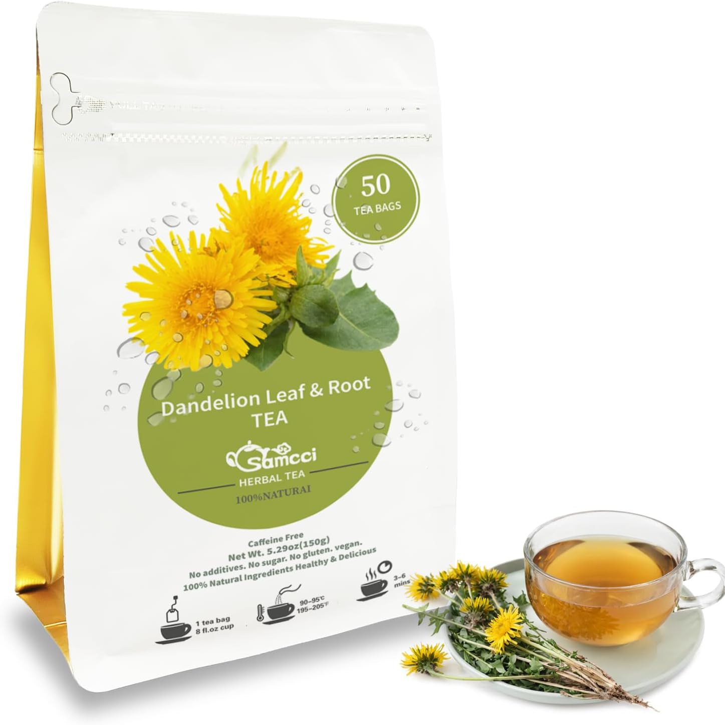 Samcci - Dandelion Leaf & Root Tea bags, 50 Teabags, Natural Roasted Dandelion Herbal Tea for Liver & Kidney Health, Support Digestion & Enhance Immune System, Caffeine Free