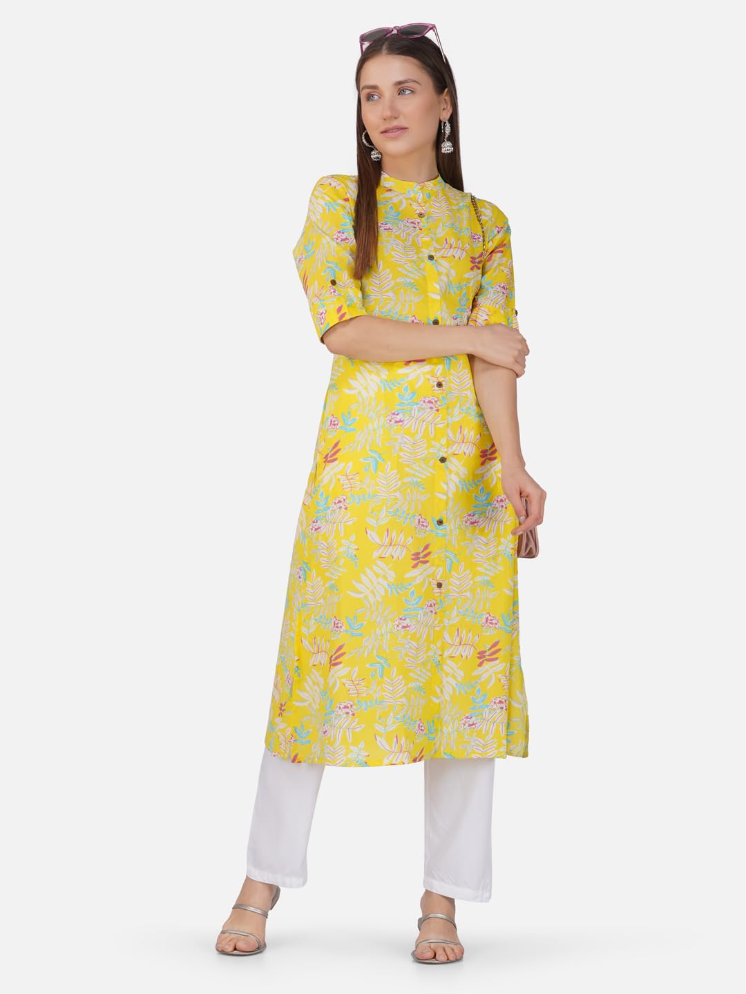 Rytras Women's Printed A-Line Kurta(Yellow-1,L)