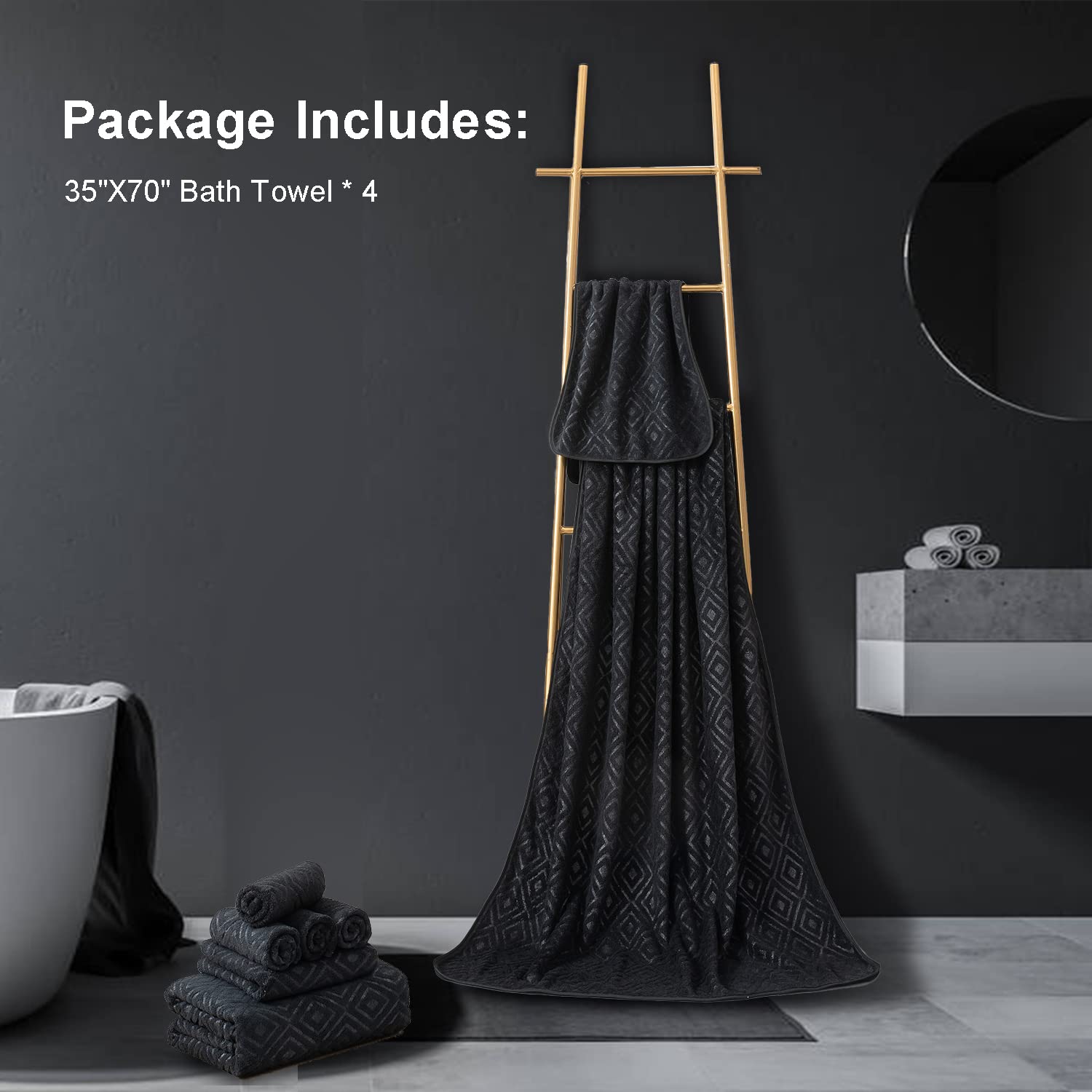 Juego de 4 toallas de baño grandes de 35 x 70 pulgadas, color negro, toallas de baño de gran tamaño, 600 g/m², ultra suaves y absorbentes, para baño, toalla de secado rápido para gimnasio, hotel,