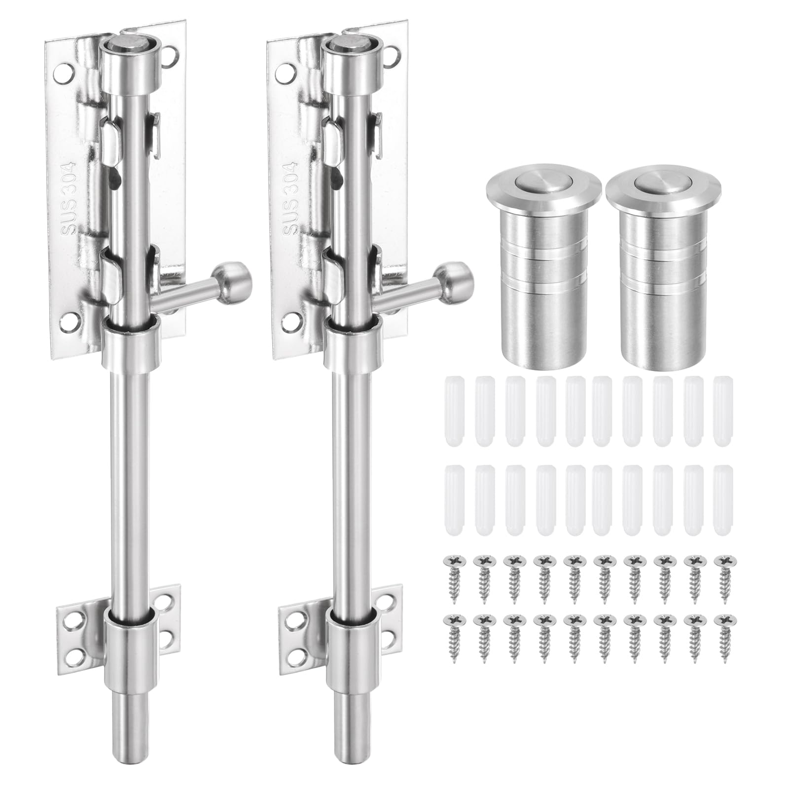 sourcing map 2-Pack Slide Bolt Latch, 8 in 304 Stainless Steel Barrel Bolt Latch Heavy Duty Door Latches Lock 12mm Dia Bar with Dust Container for Barn Wooden Fence Shed Door [Silver]