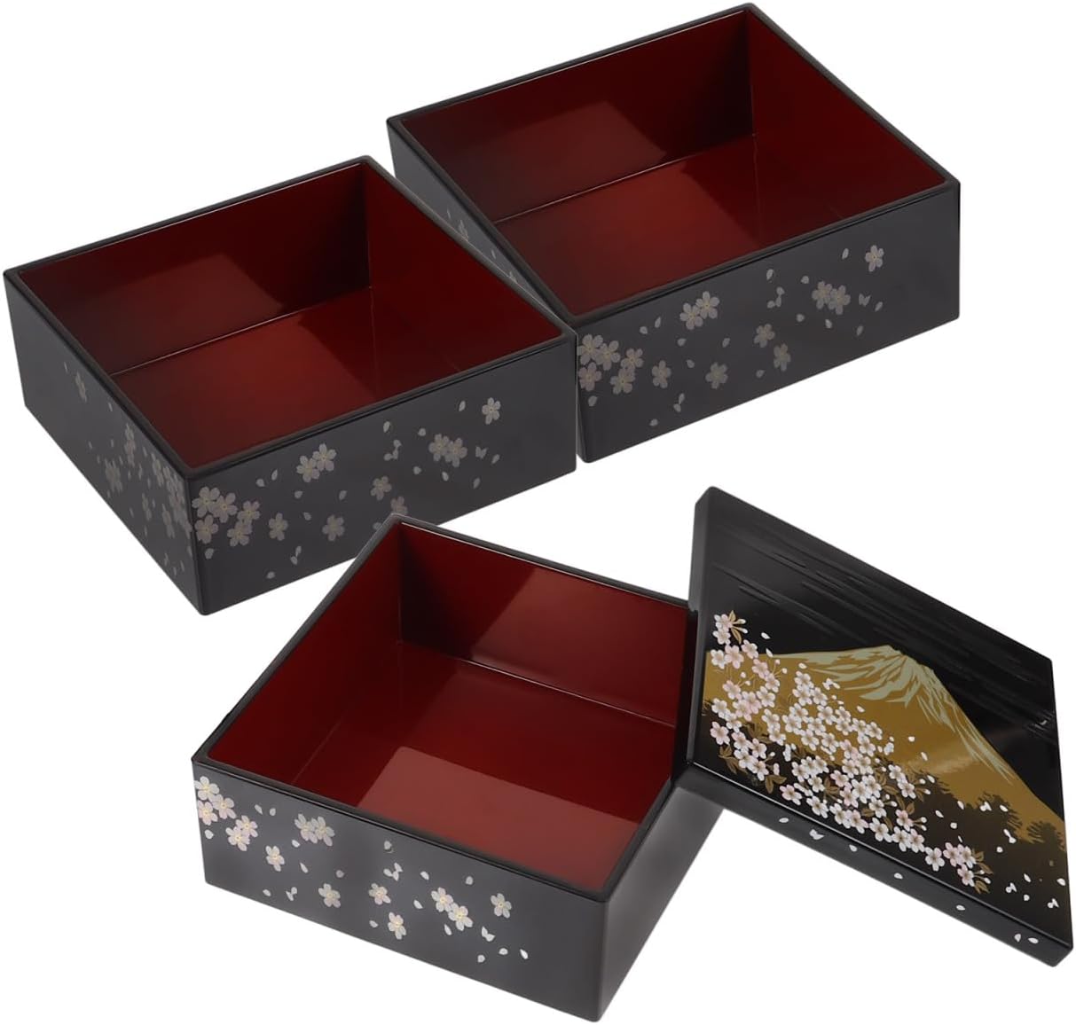 Amosfun Traditional Japanese Bento Lunch Box 3-tiers Sushi Tray Plastic Lacquered Snack Box with Lid Meal Container for Home Restaurant - Image 2
