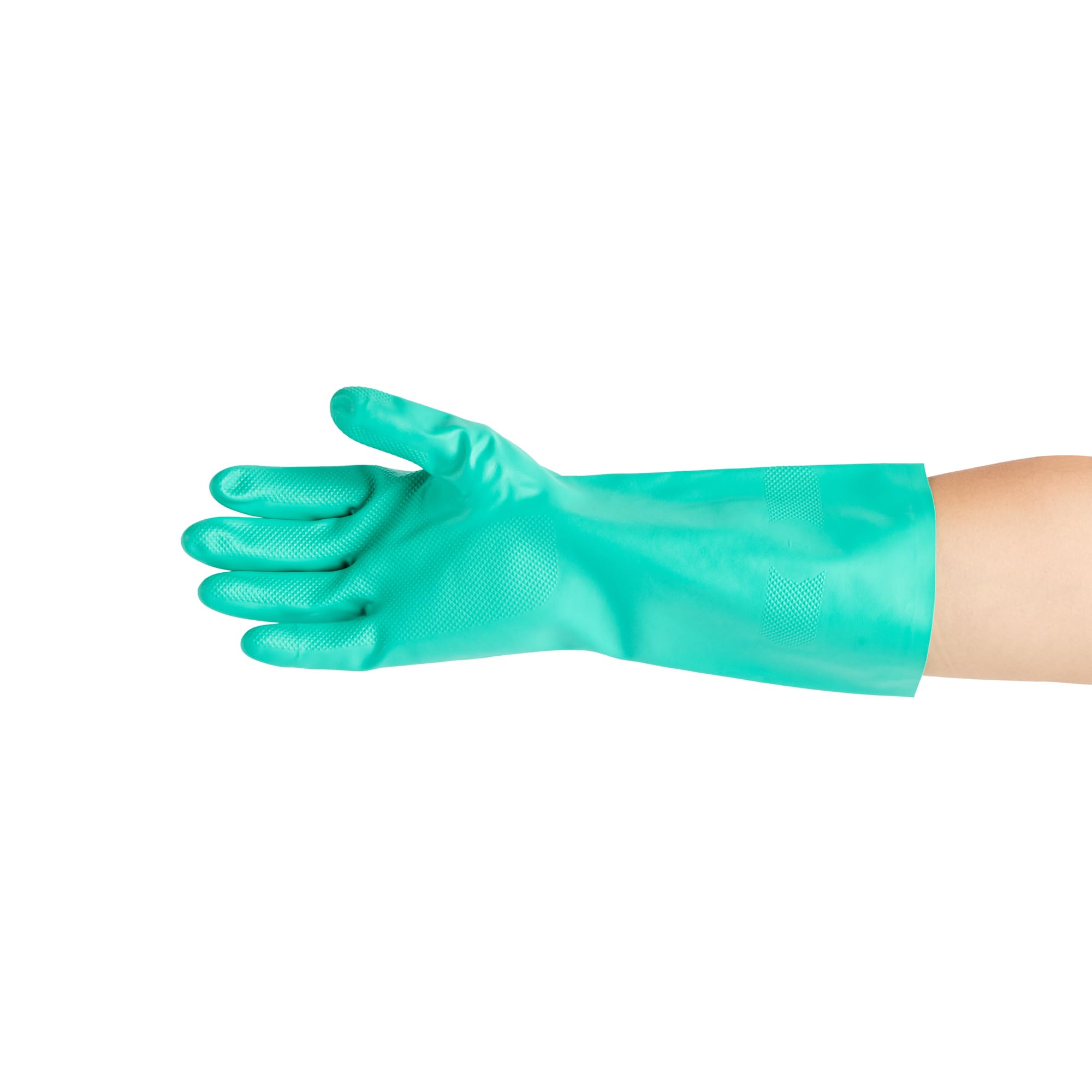 Restaurantware - Clean Tek Professional - Guantes de limpieza grandes de 15 mil, 10 pares de guantes largos, forro flocado, sin polvo, guantes de nitrilo verde tolerantes a productos químicos, sin
