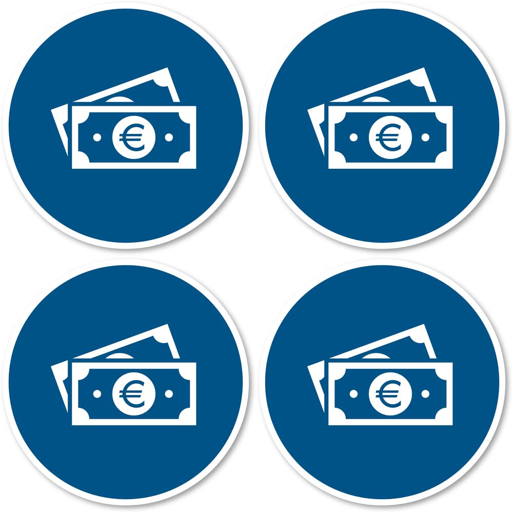 Billetes/dinero aceptado, según la norma DIN EN ISO 7010 / ASR A1.3, pegatina: 10 cm de diámetro, 4 unidades.