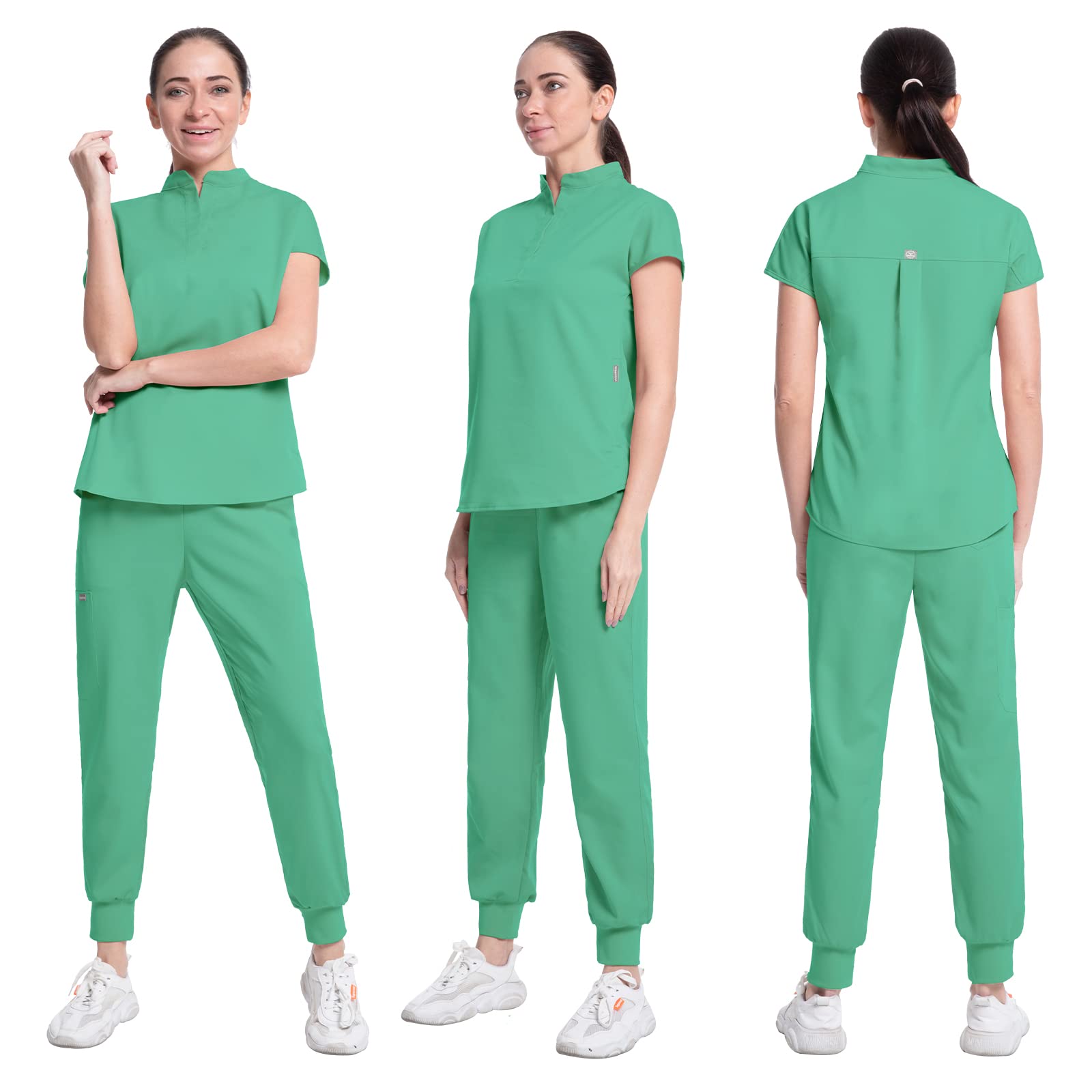 Women's Jogger Scrub Set with Pocket Medical Uniforms Include V-Neck Scrub Top and Pant Fitted Stretch Scrub Set-12 Color (Light Green,S,Small)