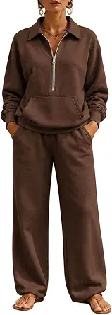 Women's 2 Piece Outfits Lapel Baggy Half Zip Sweatshirts