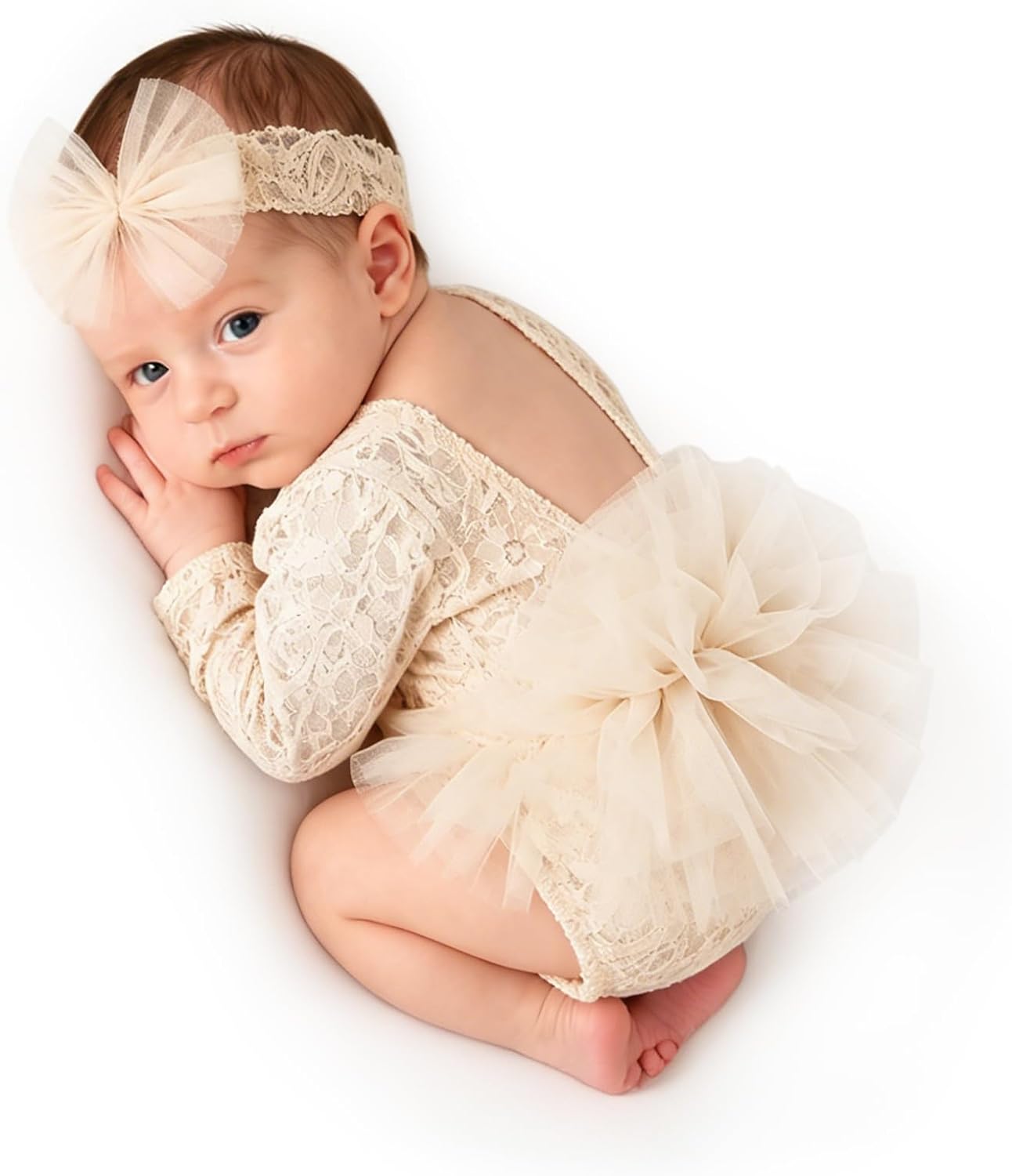 ForBaysy Newborn Photography Props Newborn Lace Romper Set with Matching Headband – Infant Baby Girl Outfit for Photoshoot