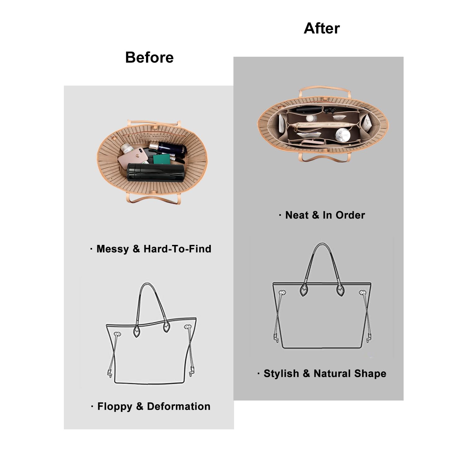 ZTUJO Organizador de monedero para bolsos, organizador de bolsas sedosas con 2 cremalleras para Speedy Neverful Tote y más (beige, grande)