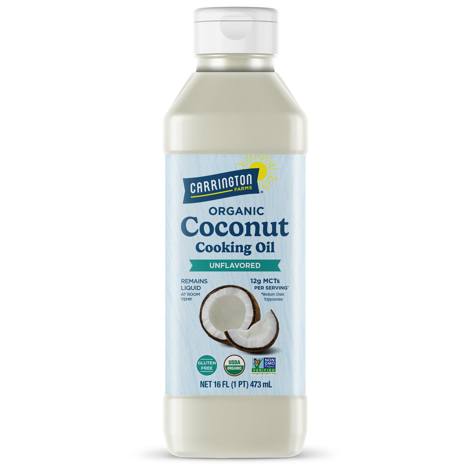 Carrington Farms Organic Liquid Coconut Cooking Oil, 16 Fl Oz –Unflavored, Unscented, High Smoke Point, MCT-Rich, No Trans Fat – For Cooking, Sautéing, Frying & Baking – Gluten Free, Non-GMO, Hexane Free, BPA Free BottleUSDA Organic[Amazon-developed Certification] Compact by Design