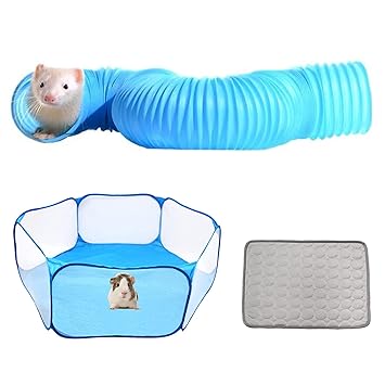 kathson Rabbits Foldable Playpen Pop Open Portable Exercise Fence Diaper pad Small Animals Tunnel Hiding Training Toys for Chinchillas Ferrets Guinea Pigs Gerbils Hamsters Dwarf Hedgehogs(Blue)