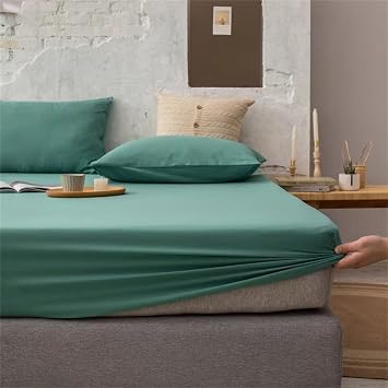 FCLDESHOP Stretchy Fitted Sheet,Solid Color Plush Cotton Mattress Cover Deep Pocket, Bedroom Hotel Homestay Non-Slip Mattress Topper Bed Cover,Green,120x200+25cm