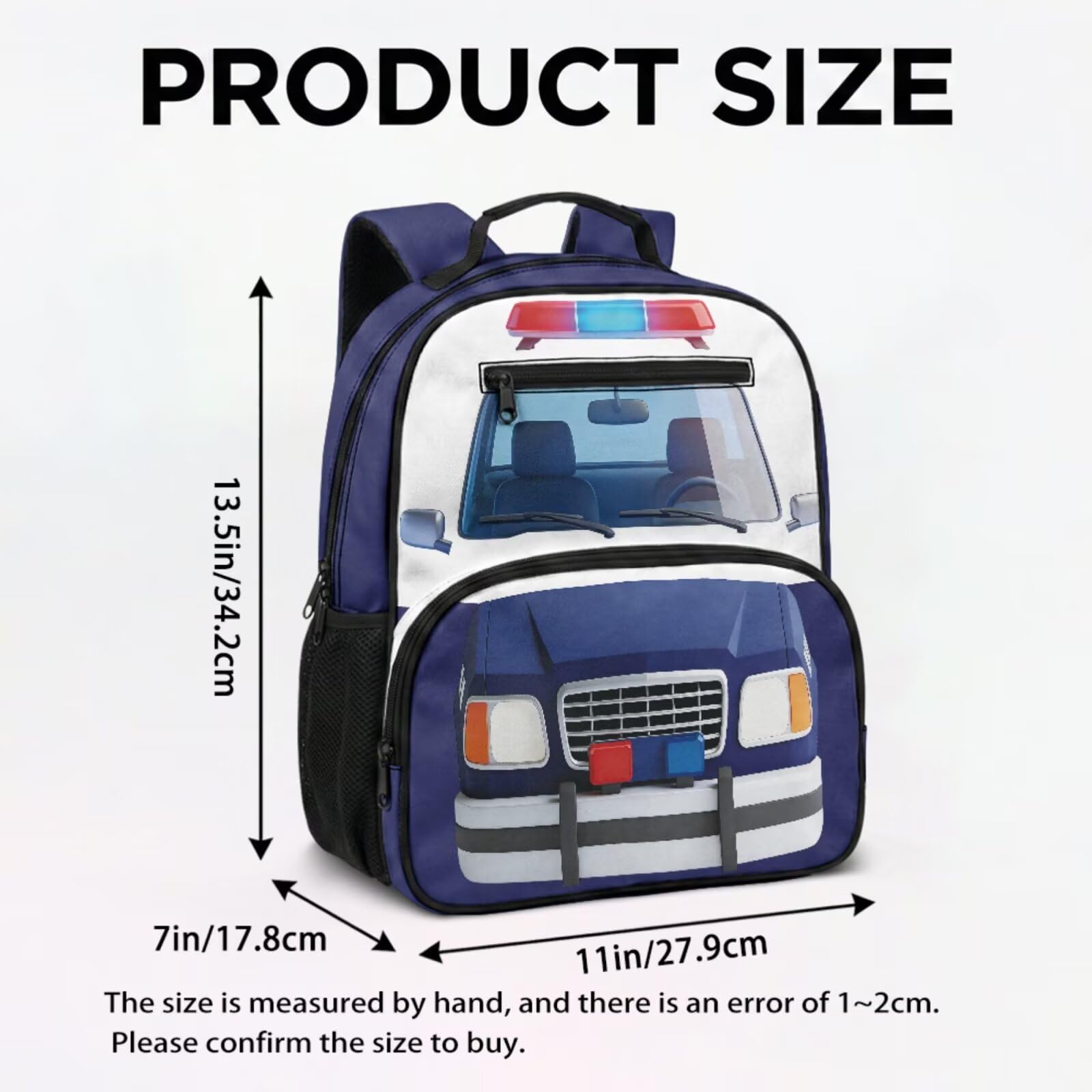 COEQINE Ensemble sac à dos et boîte à déjeuner pour enfants Sac à dos personnalisé sur le thème de la voiture pour tout-petits garçons de 4 à 10 ans, cartable maternelle, Voiture de police bleu blanc