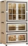SunSettler Folding Storage Cabinet, Plastic Storage Bins with Lid, Stackable Cabinet with Wheels, Stackable Closet Organizers (2+1 Transparent)