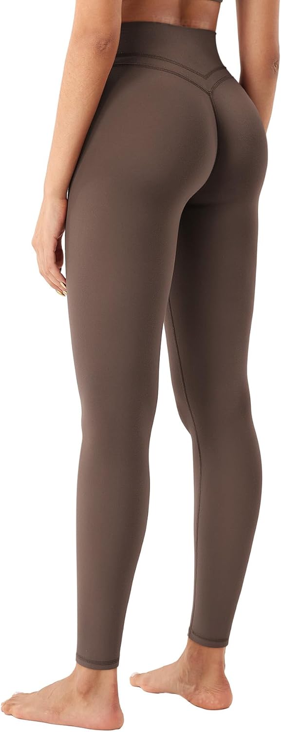 YEOREO Women's Workout Gym Leggings Julissa Hidden Scrunch Butt Sculpting Compression Mid Rise V Back Yoga Leggings 26" Regular Large Coffee