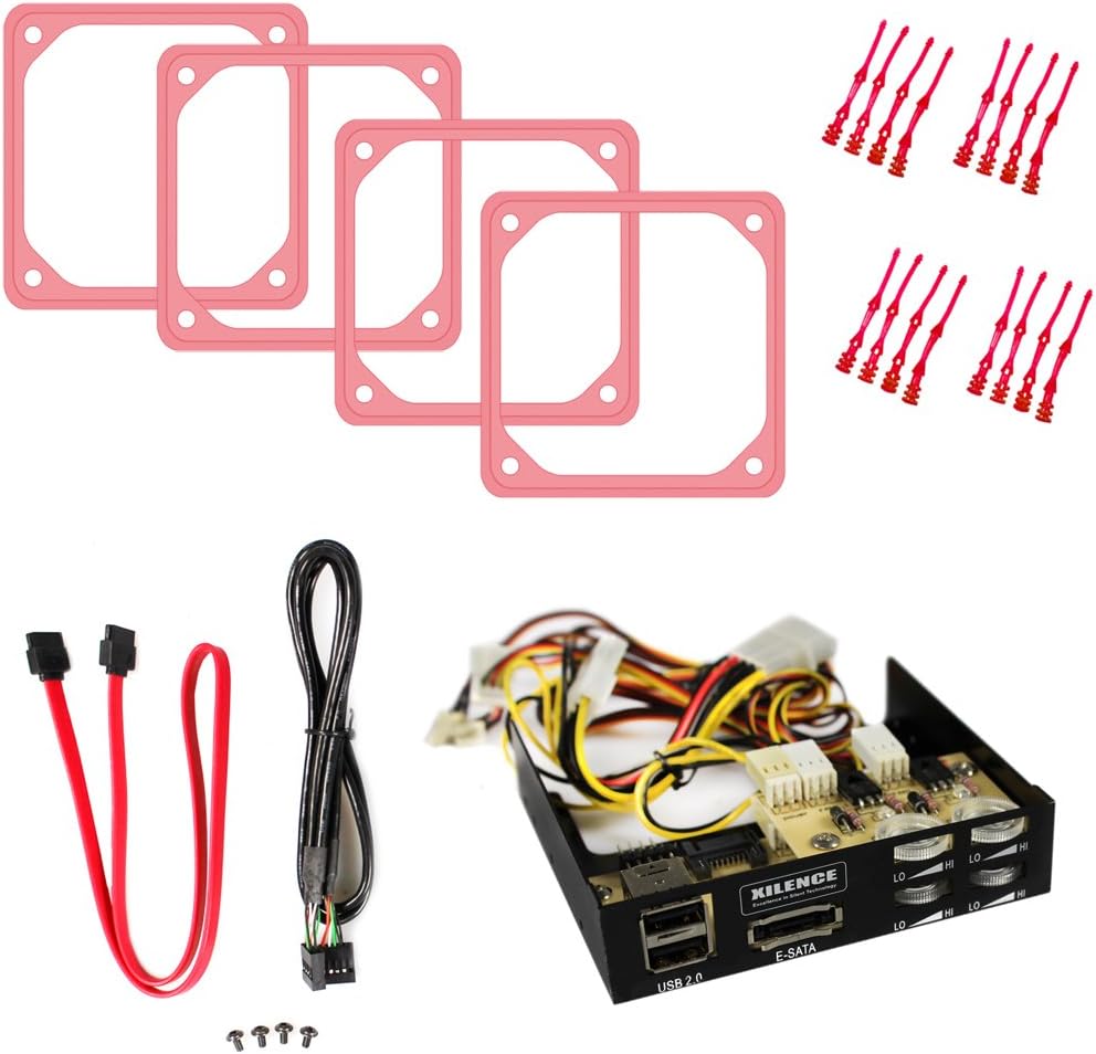 B04-E fan control for 4 fans with eSATA + 2x USB - incl.4x 80mm anti-vibration frame UV red, 16x long rubber decouplers UV red (80mm frame)