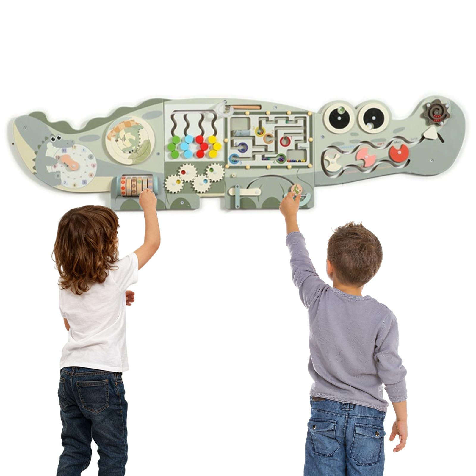 Tatqilo Crocodile Activity Wall Busy Board, 9 in 1 Wooden Sensory Wall Panel, Montessori Sensory Wall Toys, Educational Toys Learning Activity Center for Playroom, Daycare, Green