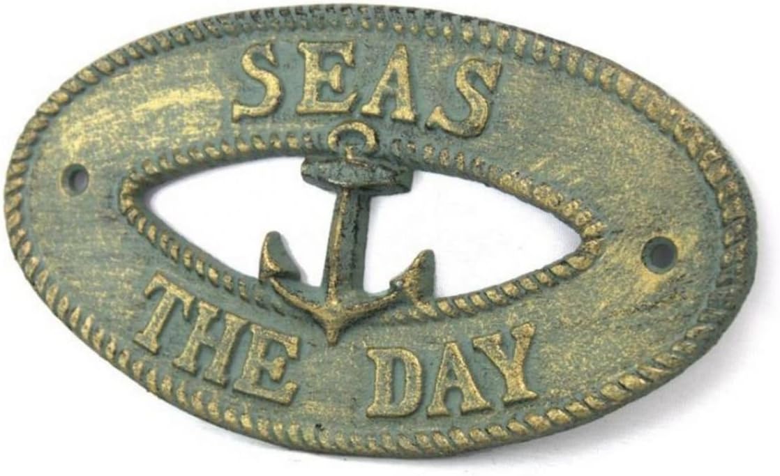 Hampton Nautical K-9305-bronze Antique Bronze Cast Iron Seas The Day with Anchor Sign 8" - Decorative Metal Wall Art - Cast Iron Nautical
