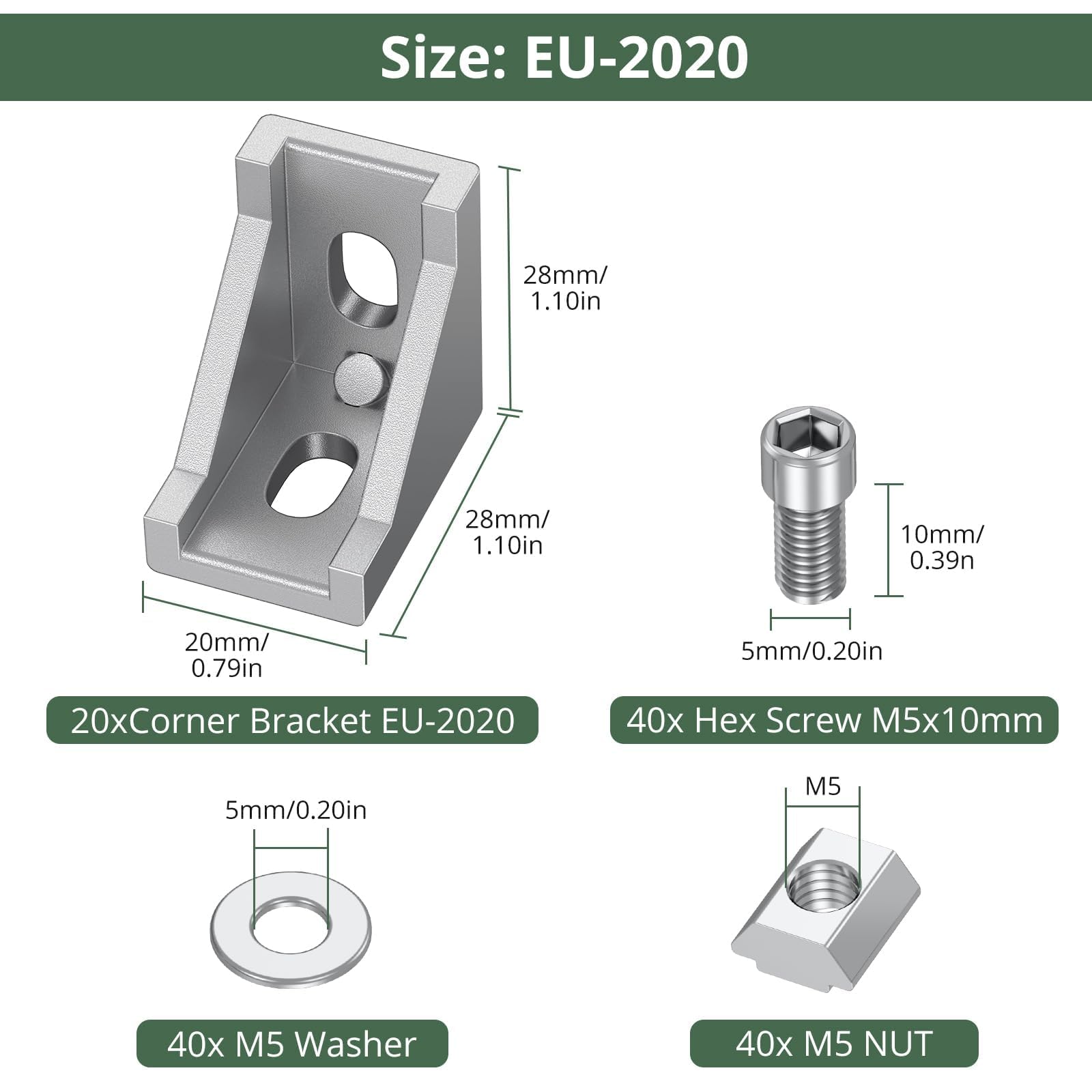 EYPINS Soporte de Esquina Aluminio, 20 PCS Conector de Esquina 90 Grados Recto 2020, Perfil de Extrusión Forma de L con Ranuras de 6mm, con Tornillos Hexagonales M5 y Tuercas en T