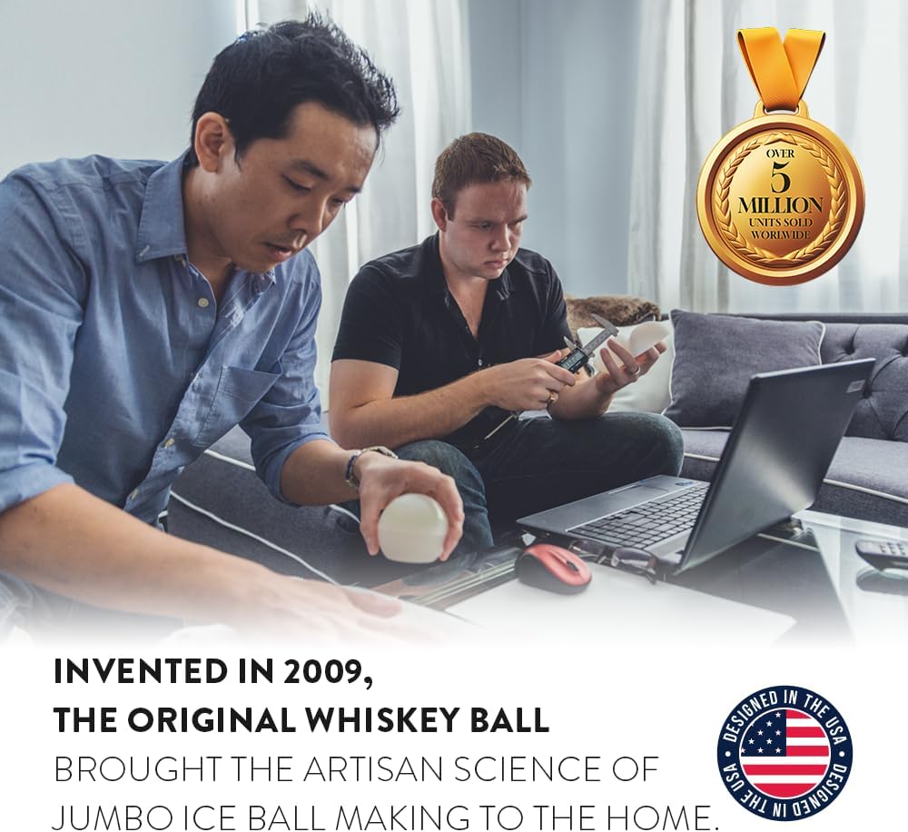 The Original Whiskey Ball, Whiskey Ice Ball Maker Mold, 4-Pack Premium Silicone Sphere Molds with 2 Rock Glasses – Seamless, Easy Release & No Leak Design for Superb Whiskey