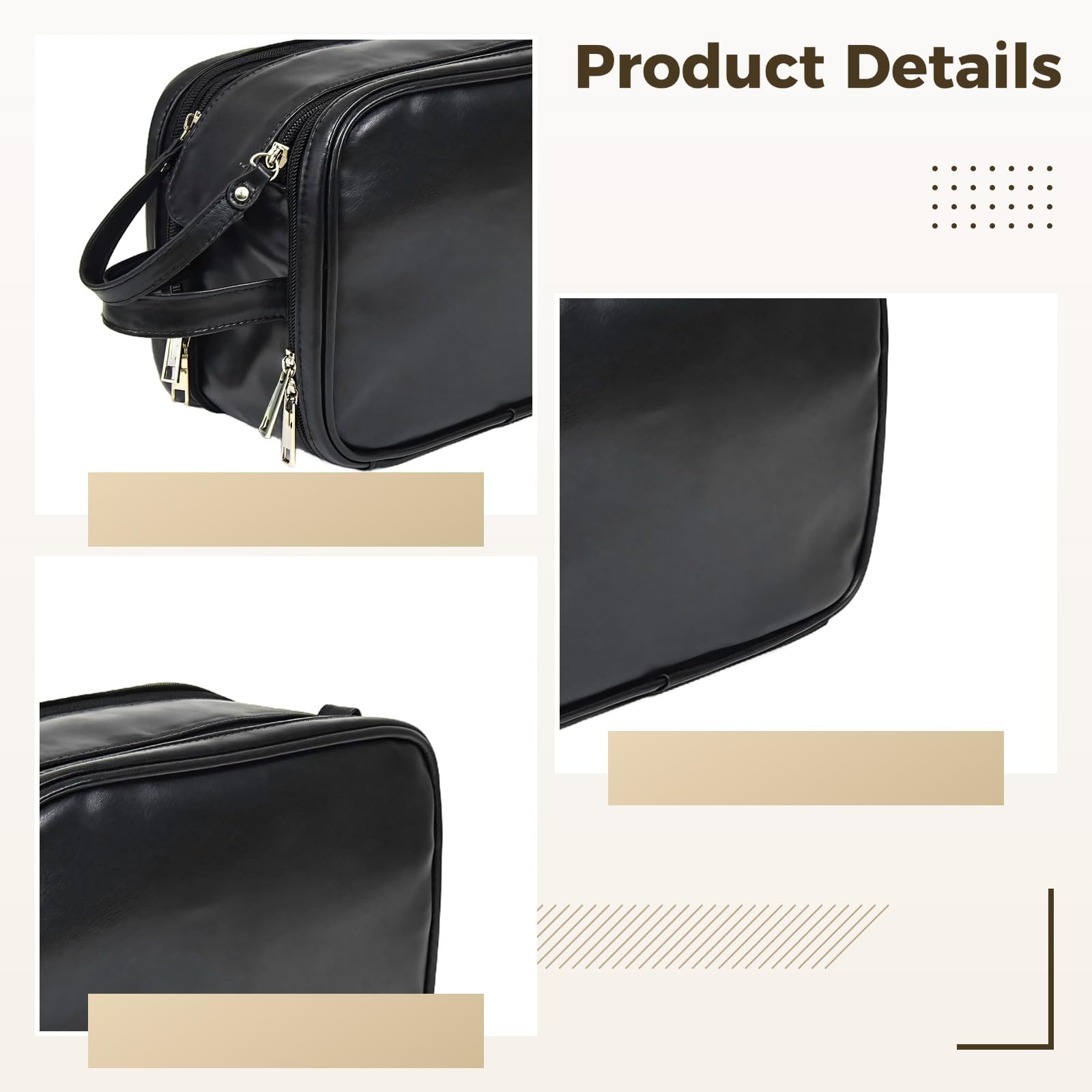 Generisch Neceser de aseo para hombre, de piel sintética, bolsa de aseo para hombres, bolsa de afeitar de viaje, bolsa de afeitar para colgar, doble cremallera, gran capacidad, color negro
