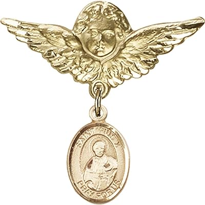 14kt Yellow Gold Baby Badge with St. Pius X Charm and Angel w/Wings Badge Pin 1 1/8 X 1 1/8 inches
