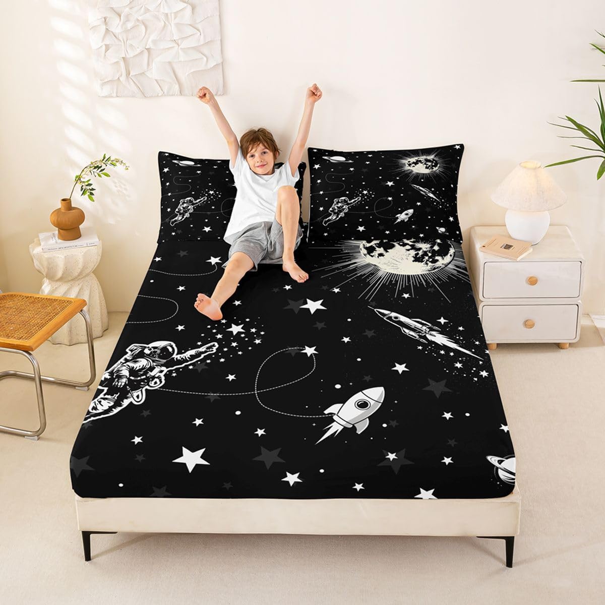 Cartoon Astronaut Fitted Sheet,Stars Rocket Outerspace Planet Bed Sheet for Kids Boys Girls Teens,Starry Moon Dreamy Deep Pocket,1 Pillowcase(No Flat Sheet),Twin Size 2 Pcs