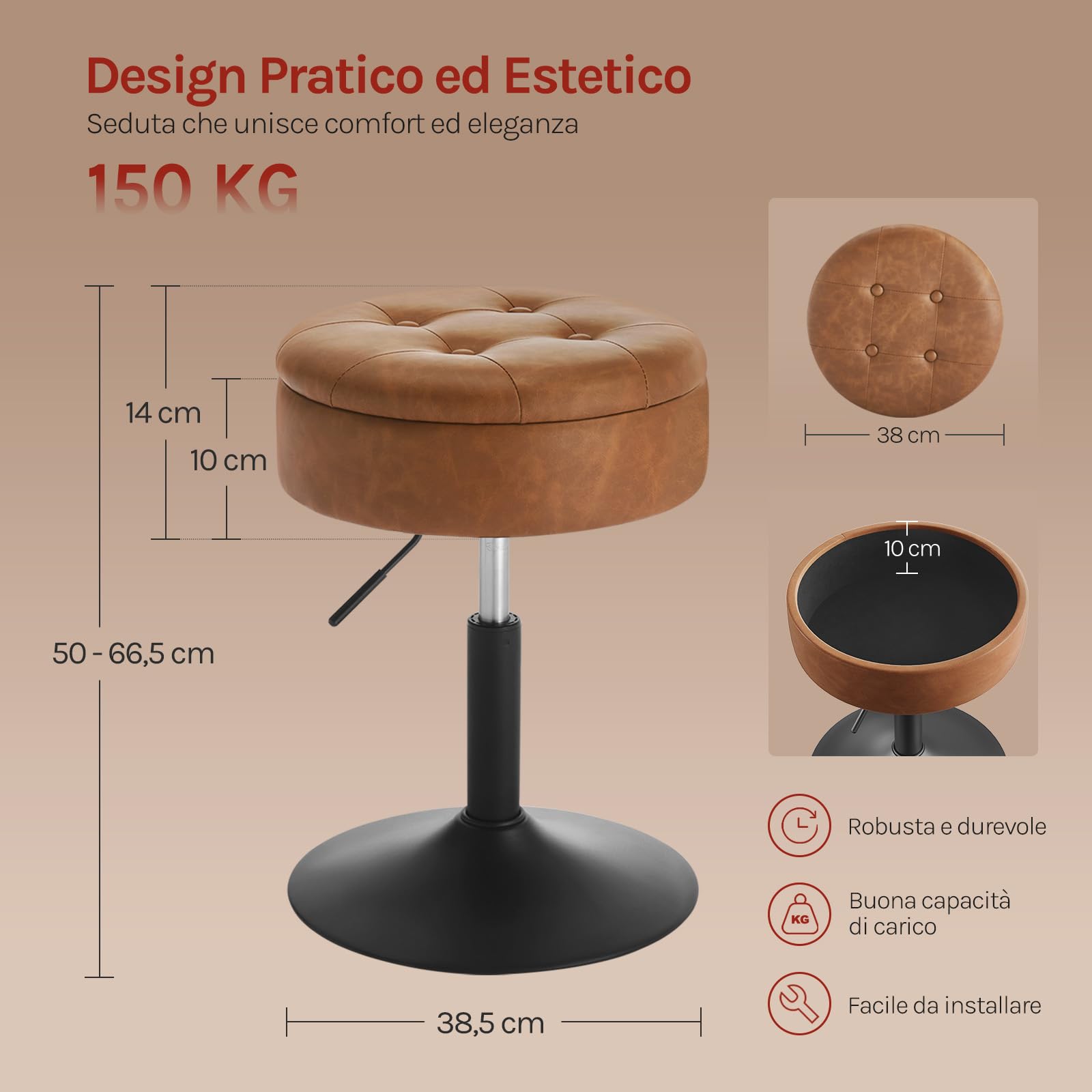 WOLTU Sgabello da Trucco, Sedia con Contenitore, in Velluto, Marrone | Sgabello Altezza Regolabile, 50-66.5cm, Sedia da Bar Rotondo, per Cucina Soggiorno, Toeletta Trucco, Postazione, in Metallo