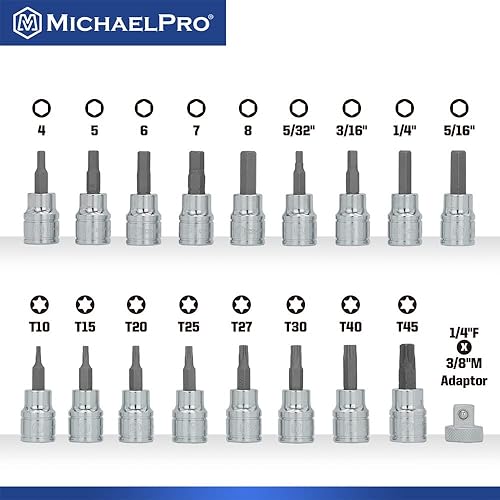 Miniatura 2 de MichaelPro Juego de llaves hexagonales y torx, juego de 18 piezas de brocas hexagonales de 38 pulgadas y puntas Torx, brocas hexagonales SAE y