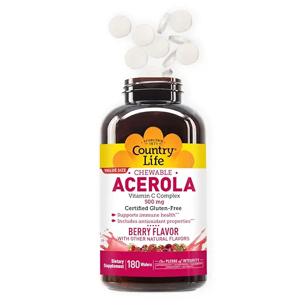 Country Life Acerola Vitamin C Complex, 500mg, Chewable Berry Flavored Wafers, Supports Immune Health, 180 Wafers, Certified Gluten Free by GFCO , Certified Vegan by AVA 6
